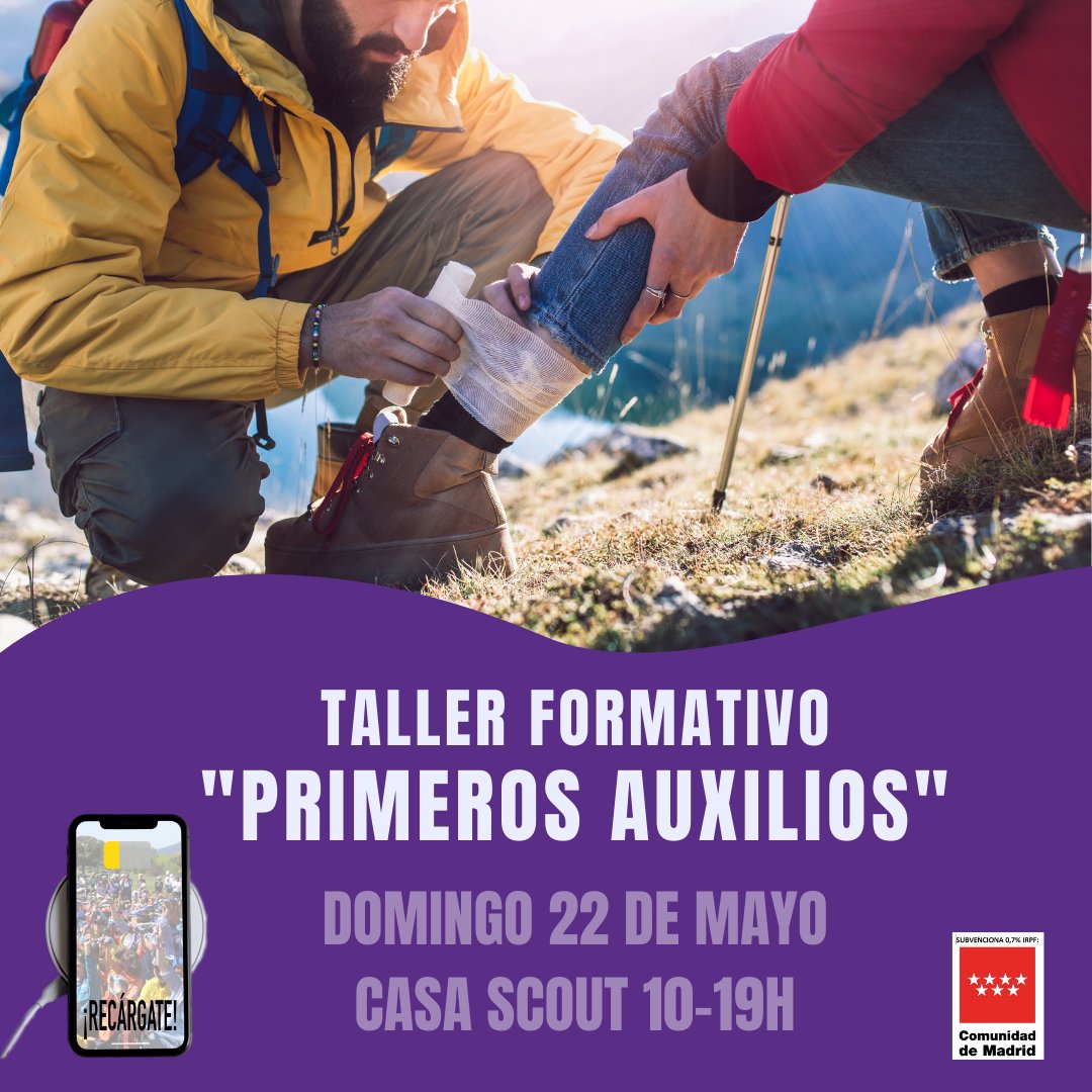 No te pierdas este taller, para actuar con criterio ante las emergencias que puedan surgir durante nuestras actividades y aplicar los primeros auxilios en caso de ser necesario. Apúntate antes del día 16 de mayo y... ¡Recárgate!🔋forms.gle/ocA7H3dqm45YNC…