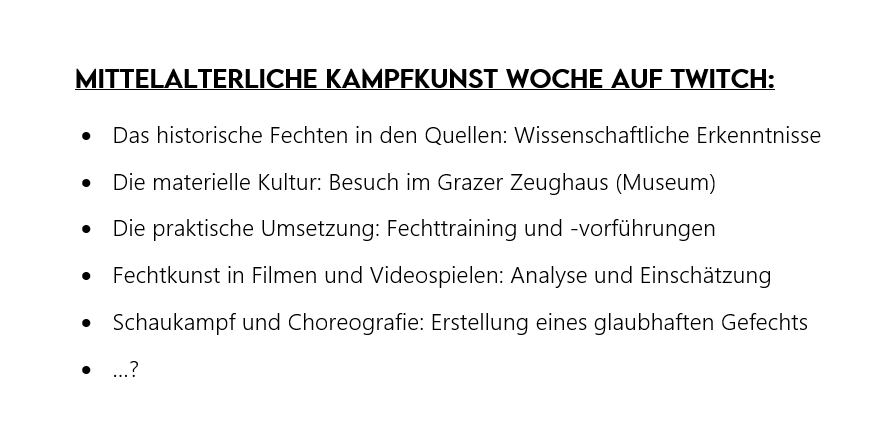 copeylius's tweet photo. Liebe Leute,
ich bin seit längerer Zeit am Planen einer "Mittelalterliche Kampfkunst"-Woche auf @TwitchDE
Habe schon einige Ideen / Programmpunkte, möchte mich aber erkundigen, was für euch noch interessant sein könnte.
Zeitpunkt: noch offen, hängt von äußeren Einflüssen ab.
Nun? https://t.co/EIwKtxCZoJ