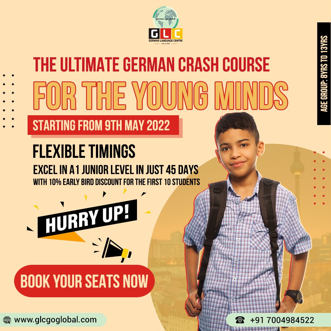 CentreGerman's tweet photo. Ever imagined your kid talking in GERMAN? Take the first step today to make this happen. GLC invites our young minds to learn GERMAN in 45 days

🔹Flexible Timings
🔹Limited seats
🔹Batch starting from 9th May 2022 

#crashcourse #a1 #a1junior #german #germanlanguage #glcgoglobal https://t.co/2pcJInSwcB