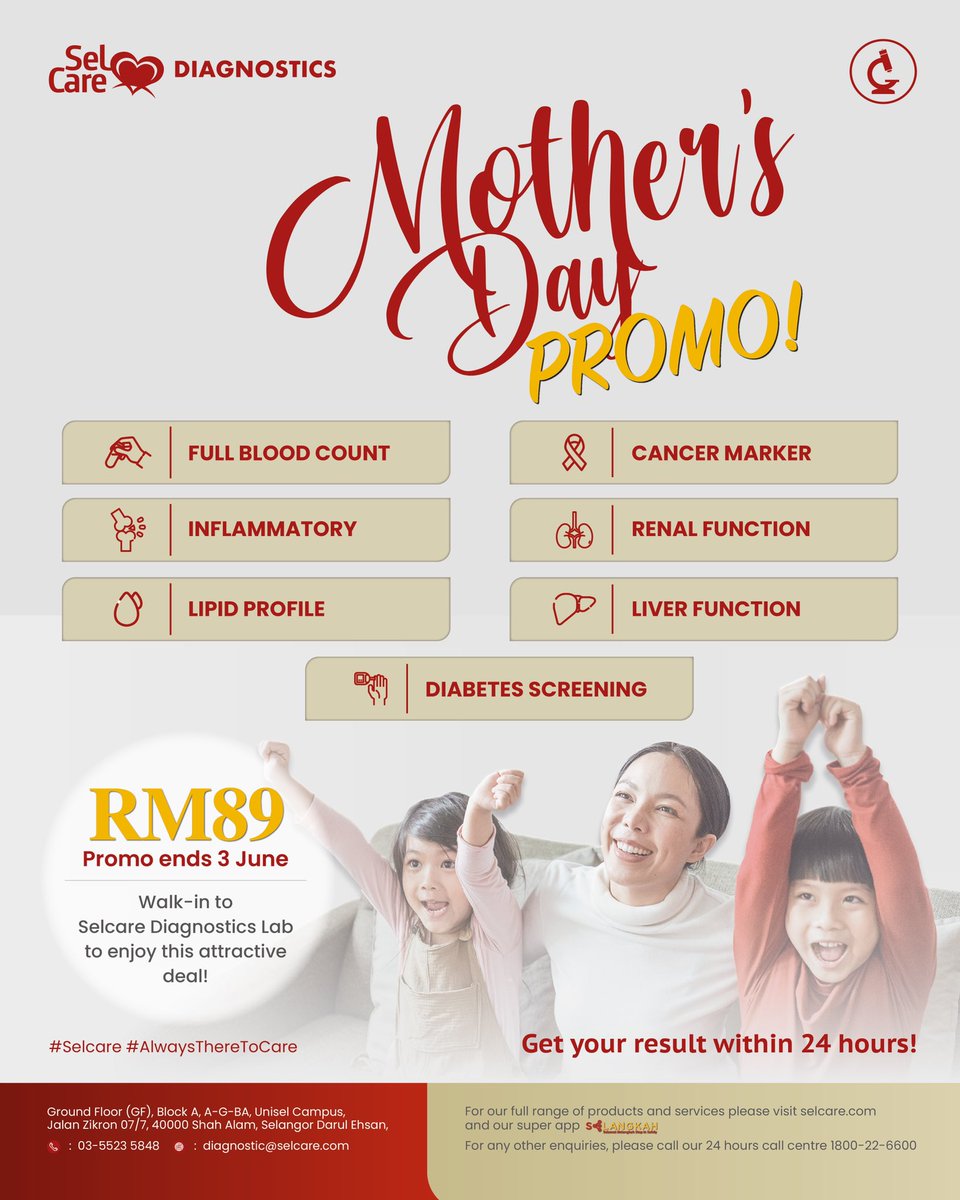 selgategroup's tweet photo. In honour of Motherโs Day, Selcare Diagnostics @ UNISEL, Shah Alam is offering an amazing deal on health screening tests! Promo runs until 3 June 2022.
#Selcare #AlwaysThereToCare #SelcareDiagnostics #HealthScreeningShahAlam #PemeriksaanKesihatan #UNISELShahAlam
#MothersDayPromo https://t.co/RiDmxOBVTU