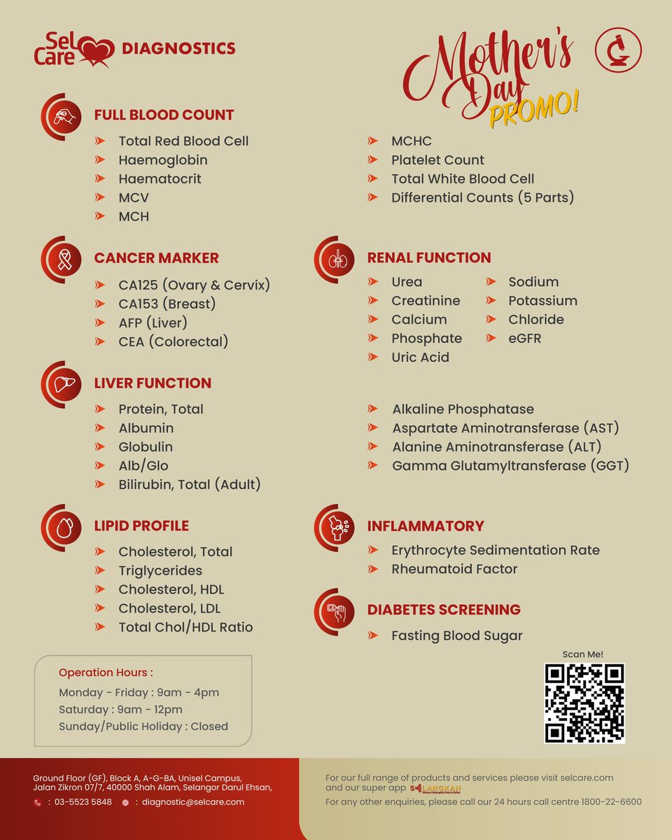selgategroup's tweet photo. In honour of Motherโs Day, Selcare Diagnostics @ UNISEL, Shah Alam is offering an amazing deal on health screening tests! Promo runs until 3 June 2022.
#Selcare #AlwaysThereToCare #SelcareDiagnostics #HealthScreeningShahAlam #PemeriksaanKesihatan #UNISELShahAlam
#MothersDayPromo https://t.co/RiDmxOBVTU