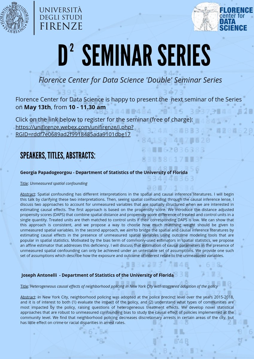 DataScienceFLR's tweet image. We're happy to present our last #D2Seminar for this academic year.
Join us Friday #13March from 10 to 11.30 AM with Georgia Papadogeorgou and Joseph Antonelli from @UFDeptofStats, @UF! 
Secure your chance to attend live or online registering in advance ⤵
bit.ly/3ygj5Wv
