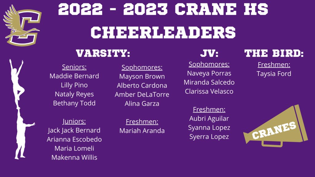 Crane High School (@cranehighschool) on Twitter photo Congrats to our 2022 - 2023 CHS Cheerleaders!
📣💜💛📣
<a href="/CraneISD/">Crane ISD</a> <a href="/CraneHighSchool/">Crane High School</a>
<a href="/DrSDHoward/">Dr. Stephanie Howard</a> @FatimaEMnz
<a href="/Crane_Cheer/">Crane Varsity Cheer</a> <a href="/MrDomRivas/">Dominic Rivas</a> Congrats to our 2022 - 2023 CHS Cheerleaders!
📣💜💛📣
<a href="/CraneISD/">Crane ISD</a> <a href="/CraneHighSchool/">Crane High School</a>
<a href="/DrSDHoward/">Dr. Stephanie Howard</a> @FatimaEMnz
<a href="/Crane_Cheer/">Crane Varsity Cheer</a> <a href="/MrDomRivas/">Dominic Rivas</a>