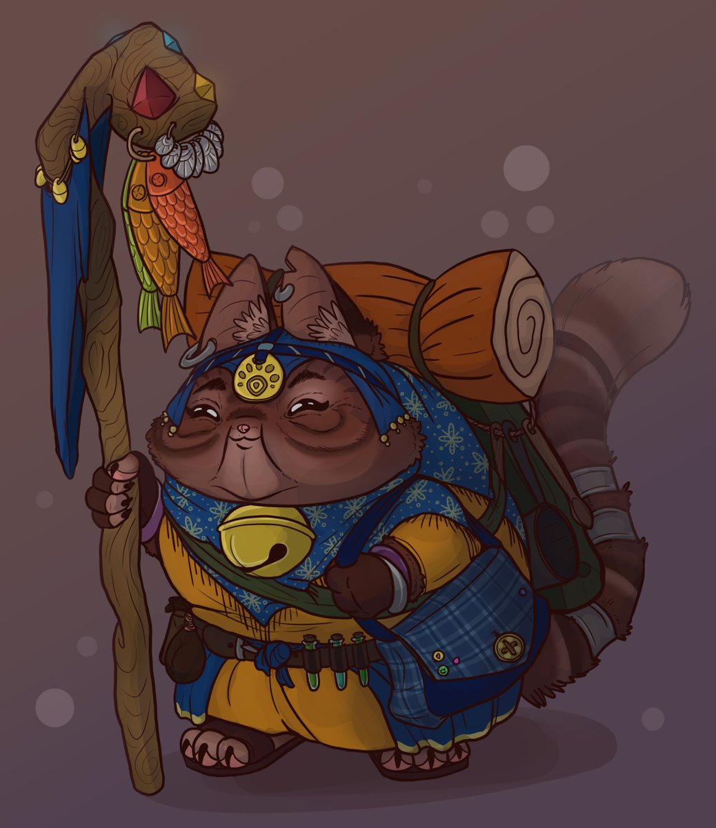 Drew an old cat shaman lady who was blessed with 9* lives but cursed to feel nothing. She cannot feel pain, yet, this does not stop her from being the best grandmother to her dozens of grandbabies! Her bag of holding contains endless amounts of sweets and treats!