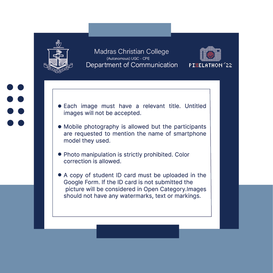 pixelathonmcc's tweet photo. The rules and regulations for this year's Pixelathon'22 #PhotoContest are here.
Registration link is here: https://t.co/OXW8RwJpXM
#departmentofcommunicationmcc #communicationmcc #pixelsofpandemic #pixelathon2k22 #pixelathon22 #luna19 #madraschristiancollege #photography https://t.co/PBITecR1KI