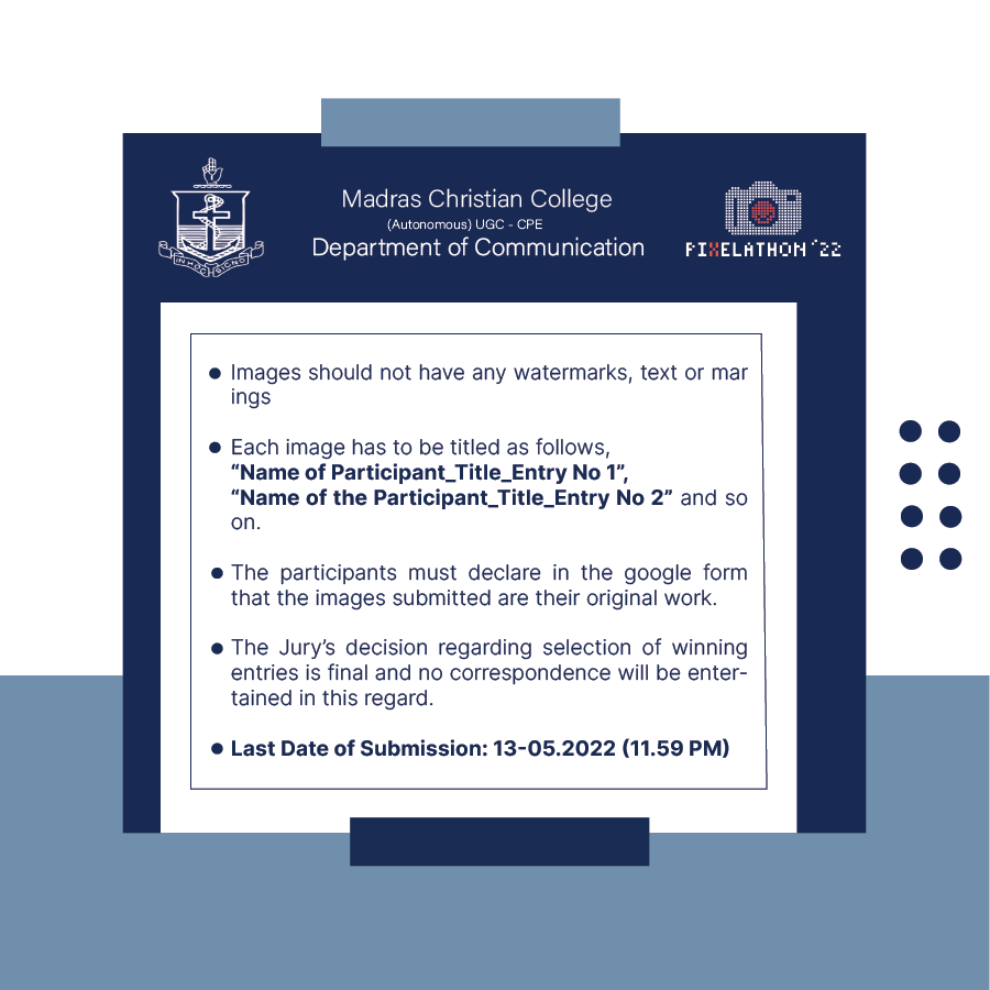 pixelathonmcc's tweet photo. The rules and regulations for this year's Pixelathon'22 #PhotoContest are here.
Registration link is here: https://t.co/OXW8RwJpXM
#departmentofcommunicationmcc #communicationmcc #pixelsofpandemic #pixelathon2k22 #pixelathon22 #luna19 #madraschristiancollege #photography https://t.co/PBITecR1KI