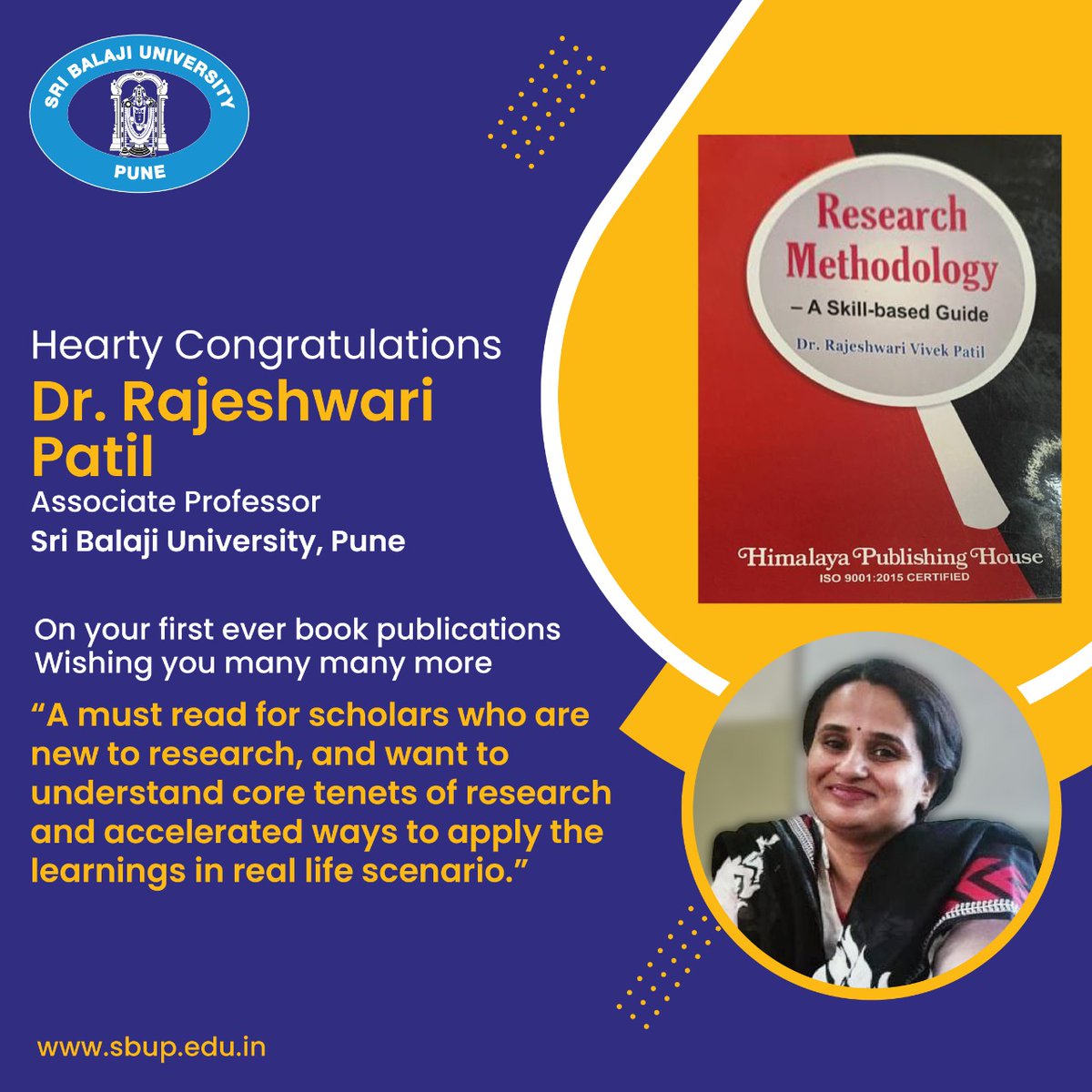 sbupune's tweet photo. Sri Balaji University, Pune (SBUP) congratulates
Dr. Rajeshwari Patil
Associate Professor
Sri Balaji University, Pune
For getting her book published
Titled: “Research Methodology- A Skill-based Guide” 📖
Congratulations!
#SBUP #BookPublication #ResearchMethodology #sbupknowus https://t.co/bbxROGBghY