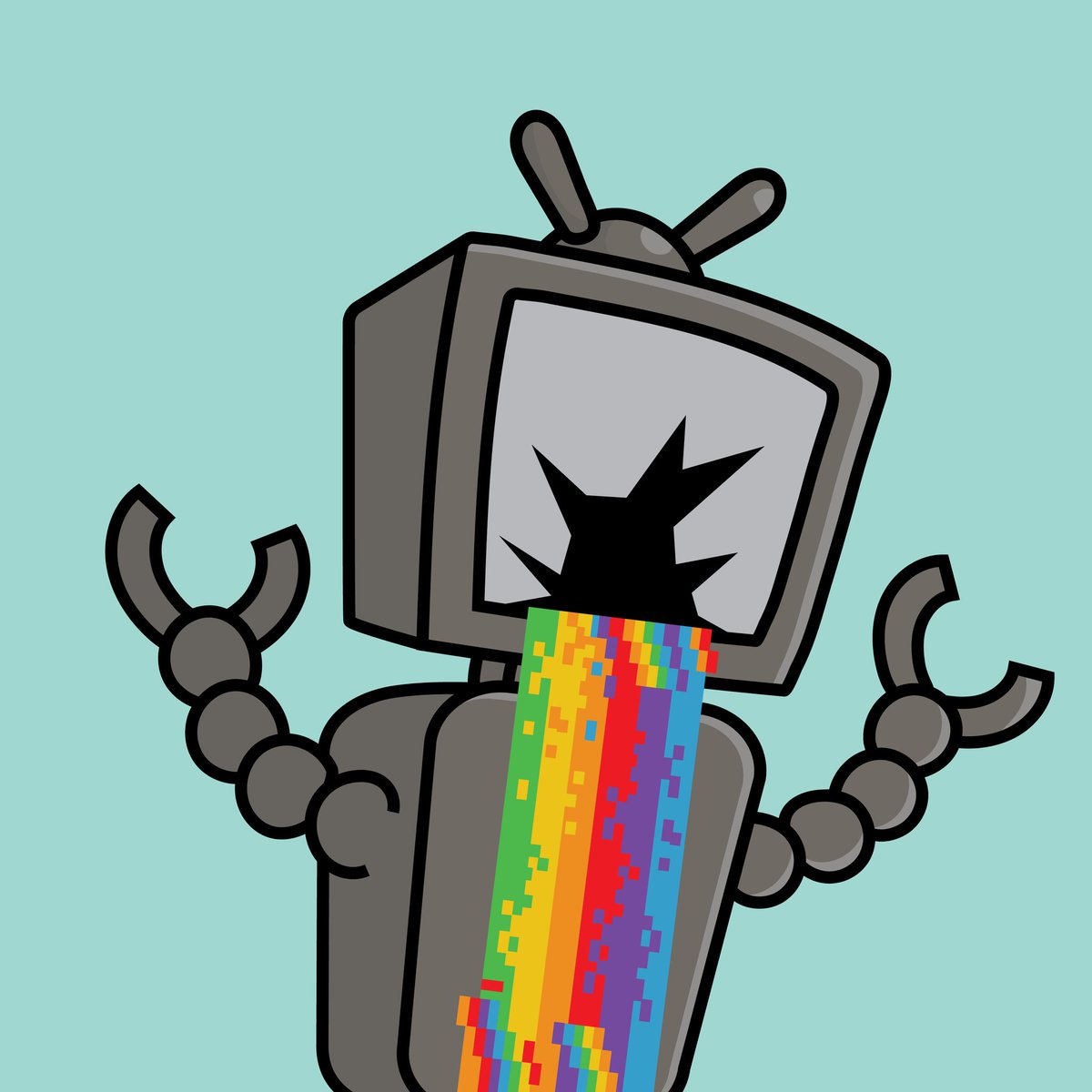 rat_around's tweet photo. TVBorg with pixilated rainbow puke 🌈 

#NFTcollectibles #NFTs #NFTartist #nftcollectors #NFTCommunity #NFT #nftcollector #nftart #rainbow #rainbowpuke #pixalart #digitaldrawing #DigitalArtist #digitalillustration #illustration #illustrationartists #vispx  #illustration_daily https://t.co/31qWGXnitZ