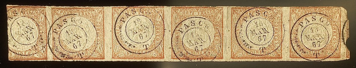 AVPostalHistory's tweet photo. #Peru 1867, strip of five of 1 Din with cds from #Pasco. #philately #first_issues #stamps #SouthAmerica https://t.co/CY3i4Fw4mN