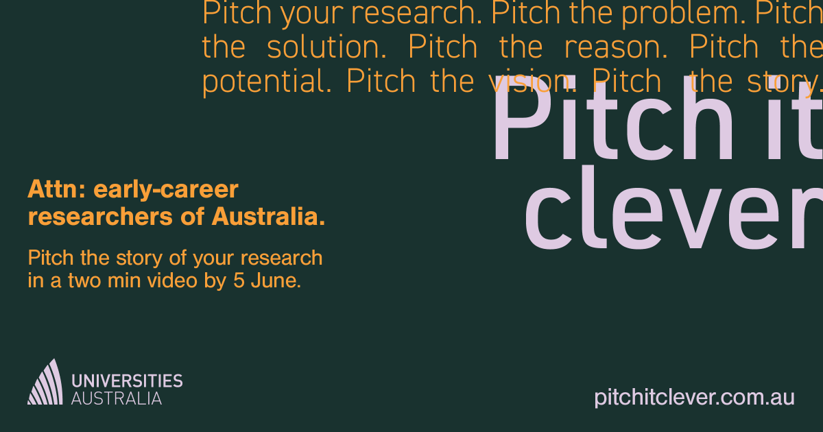uniaus's tweet photo. Attention early-career #researchers of Australia.

In a two minute video, pitch the story of your extraordinary #university #research for a chance to get it in front of many eyes... https://t.co/jeKfB4VGW2