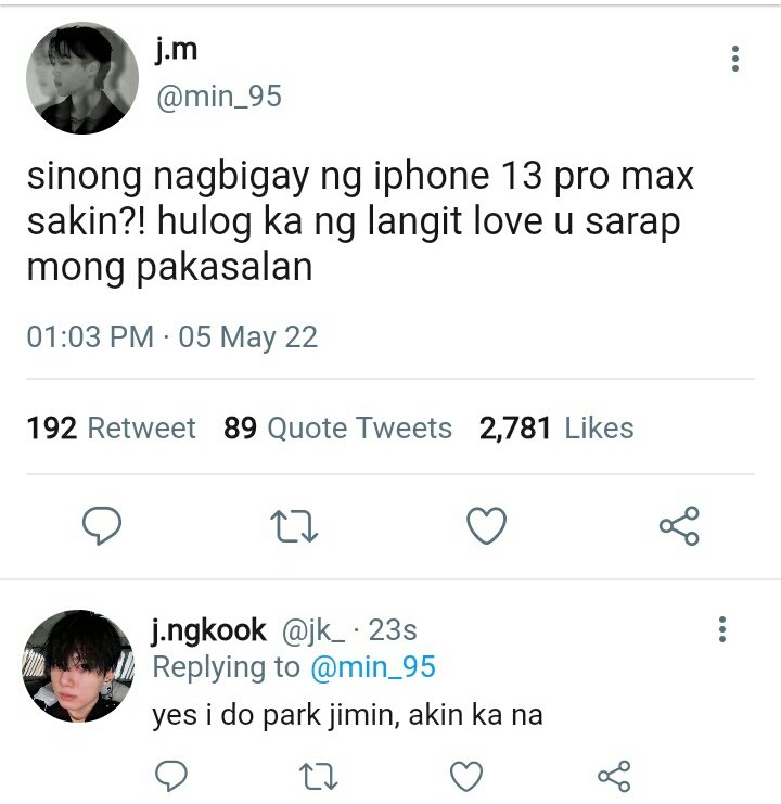 frostyjikoo's tweet photo. "that lasallian couple"

a jikook filo au wherein jimin broke his phone and his secret admirer brought him a new one 

"i like you since the first day i saw you park jimin" jungkook said 

"well i like you too" jimin confessed back https://t.co/aJo5BXSuUa