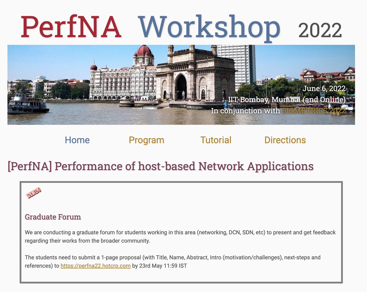 Pravein Govindan Kannan (@praveingk) on Twitter photo We are conducting a Graduate Forum at PerfNA workshop at ACM SIGMETRICS held at <a href="/iitbombay/">IIT Bombay</a>. Inviting students to submit their proposals to present and get early feedback on their research. perfna2022.cse.iith.ac.in
#phdlife <a href="/PhDsofIndia/">PhDs of India</a> #AcademicTwitter #research #networking We are conducting a Graduate Forum at PerfNA workshop at ACM SIGMETRICS held at <a href="/iitbombay/">IIT Bombay</a>. Inviting students to submit their proposals to present and get early feedback on their research. perfna2022.cse.iith.ac.in
#phdlife <a href="/PhDsofIndia/">PhDs of India</a> #AcademicTwitter #research #networking