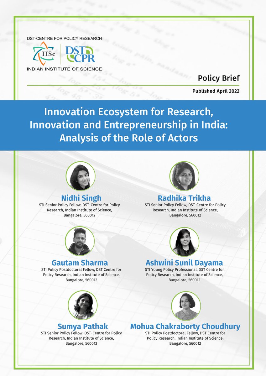 DSTCPRIISc's tweet photo. 📢Our 3rd policy brief on Innovation Ecosystem in India examines current strengths and challenges while discussing various innovation actors that influence this space.

🔗https://t.co/kgL2Ashqja

#Innovation #SciencePolicy
#Research #Entrepreneurship
#TechClusters https://t.co/qPGGk0UQOR