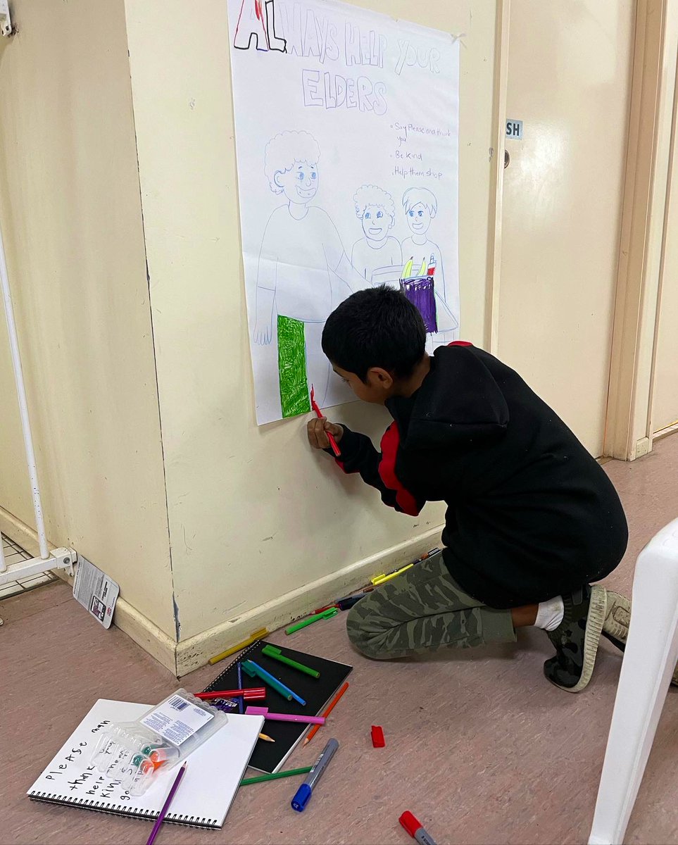 Walgett_Youth's tweet photo. And that’s a wrap on Day 3! Today we made posters to about how to take care of Elders, and we showed Uncle Lewis over lunch. We also brainstormed ideas for our Walgett Kids Mural that @MollyDHunt is helping us with. We’ll need the whole community’s support to bring it to life ☀️ https://t.co/XK4TZaa8gG
