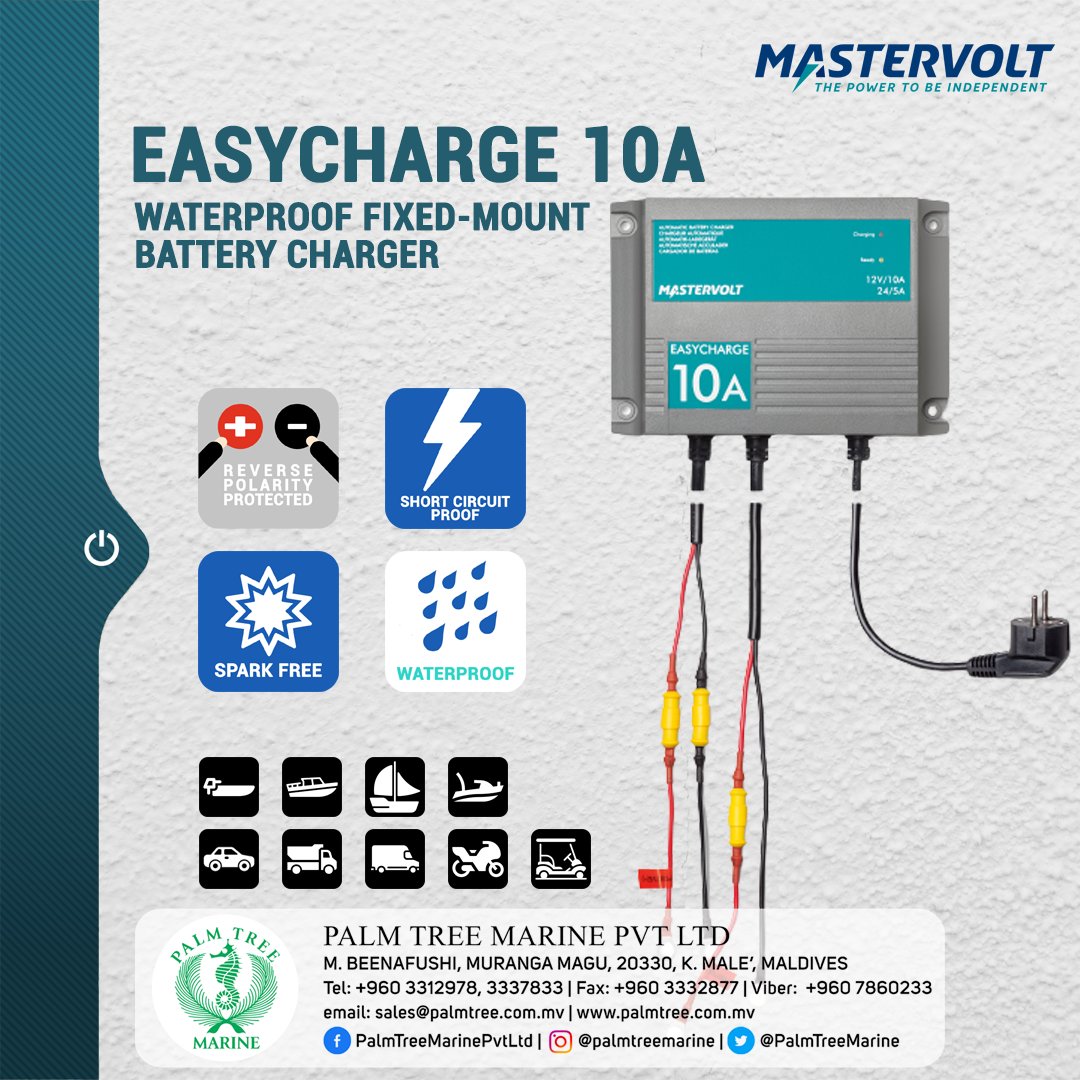 PalmTreeMarine's tweet image. MasterVolt EasyCharge 10A
These waterproof fixed-mount battery chargers are highly efficient and simple to use.
Protection: Spark free, Short circuit, Reverse polarity, Overvoltage, Current limited, Over-temperature
#Mastervolt #EasyCharge #BatteryCharger #MarineMv #BoatingMv