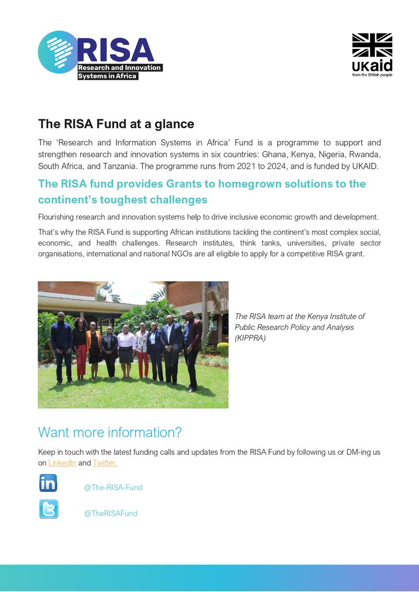 Good morning! The RISA Fund aims to create thriving national research and innovation systems in Africa. <a href="/UKinKenya/">UK in Kenya 🇬🇧🇰🇪</a> <a href="/FCDOGovUK/">Foreign, Commonwealth & Development Office</a>