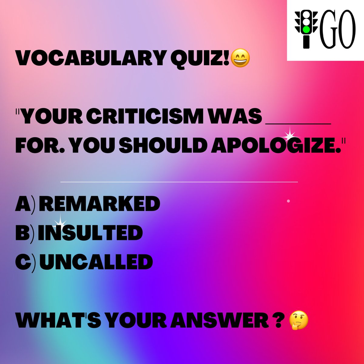 Go_English_'s tweet photo. Vocabulary quiz!
What's your answer? 🤓 

Follow Go English on YouTube for more: https://t.co/NsCY2AY5Ya

#English #StudyEnglish #ingles #anglais #toeic #toefl #ielts #英語 #英語の勉強 #英語学習 #英検 #learnenglish #learningenglish https://t.co/Jju7oYwUM9