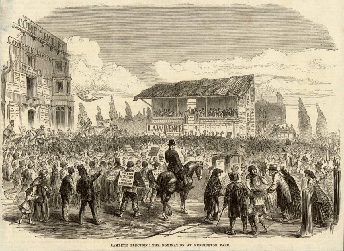 On polling day here's #Lambeth Election nominations held next to #Kennington Park on Kennington Road in 1865. Nominations took place on Kennington Common from 1832 until it was converted into a park in 1852. From 'Illustrated London News' #Elections <a href="/kennington/">Kennington SE11</a>