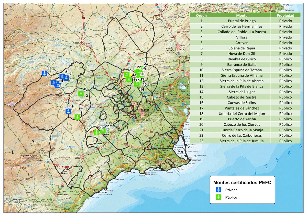 ¿Sabes qué montes de la Región de Murcia ya se encuentran certificados bajo la Certificación Forestal Regional? 
Te los mostramos aquí:
#CertificaciónForestal #Certimur #GestiónForestalSostenible #GrupoOperativo #Biomasmur #DesarrolloRural #Biomasa
@PEFCSpain @Agrinnova1 @RM_Agua