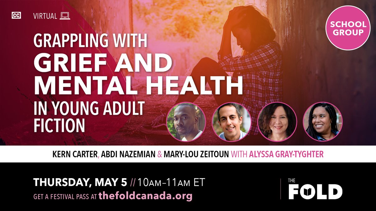 TheFOLD_'s tweet photo. Young adult writers @KernCarter, @AbDaddy and Mary-Lou Zeitoun join @AlyssaGTyghter for this #FOLD2022 panel in just 15 minutes. Students and educators alike will hear about the importance of careful and critical conversations on grief and mental health. https://t.co/HGZ9eaJADF