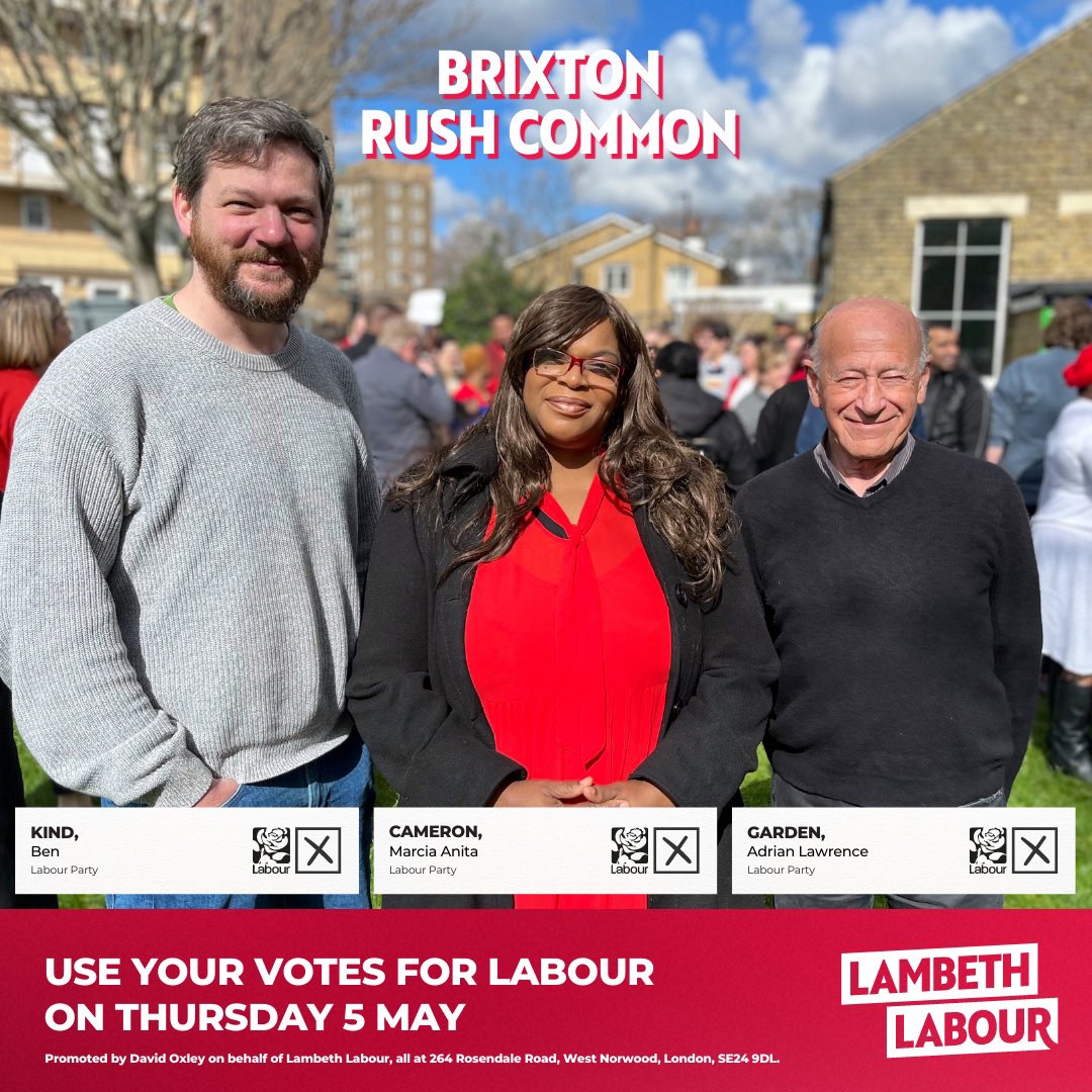 RushCommonLab's tweet image. Today is polling day!

Please use all THREE votes in Brixton Rush Common for Labour’s team who’ll work hard for our community. 

Polls open at 7am and you can vote right through until 10pm. Find your nearest polling station at iwillvote.org.uk

#votelabour #onyourside 🌹