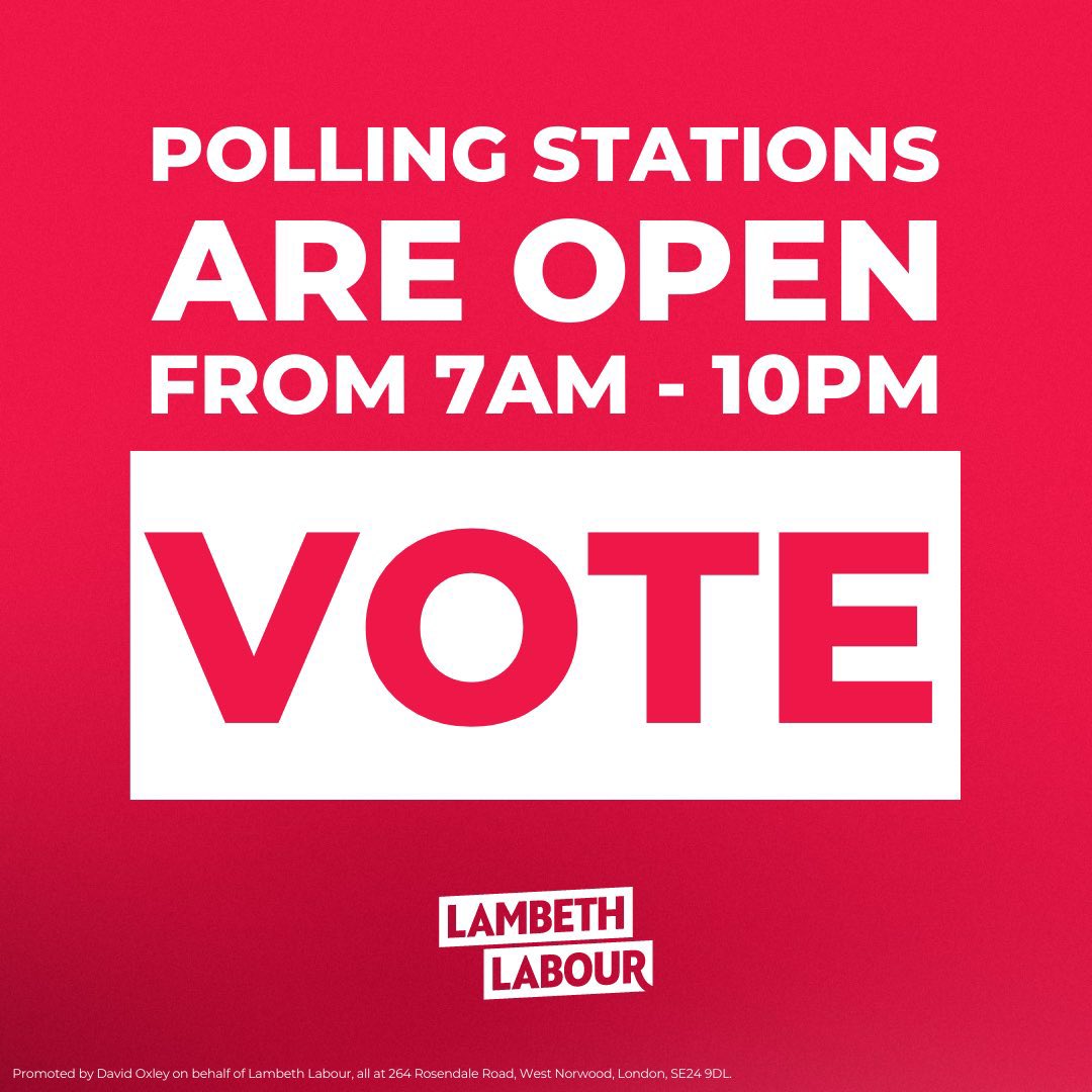 RushCommonLab's tweet image. Today is polling day!

Please use all THREE votes in Brixton Rush Common for Labour’s team who’ll work hard for our community. 

Polls open at 7am and you can vote right through until 10pm. Find your nearest polling station at iwillvote.org.uk

#votelabour #onyourside 🌹