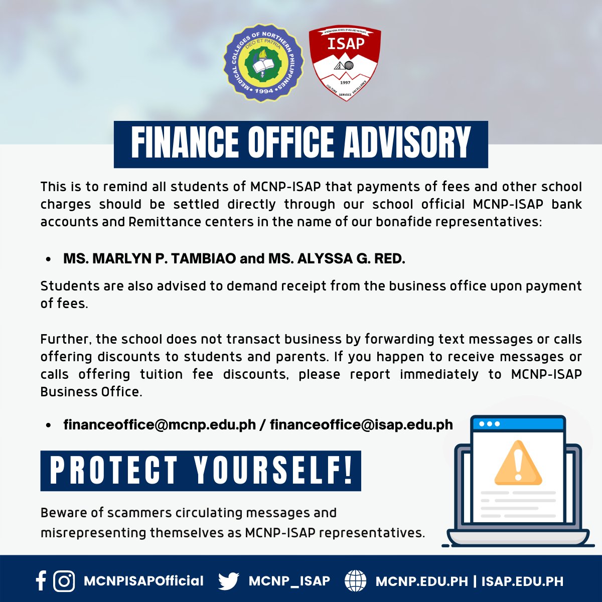 MCNP_ISAP's tweet photo. Further, the school does not transact business by forwarding text messages or calls offering discounts to students and parents. https://t.co/HcAF7C61Ma