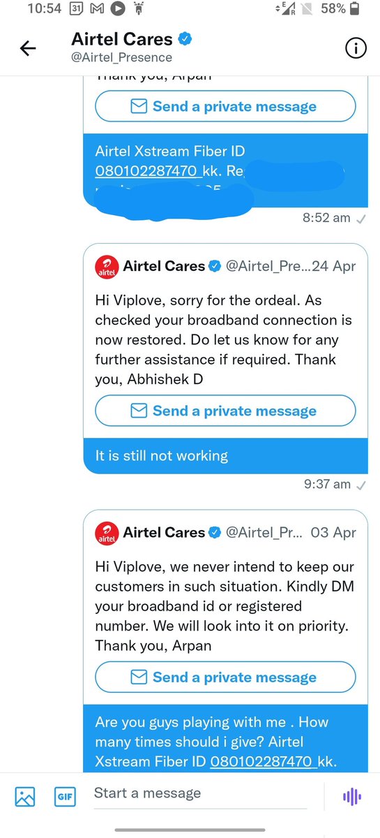 vips1985's tweet image. @Airtel_Presence @airtelindia are u guys playing with me ? I fail to understand why my internet is disconnected every now &amp;amp; then. I need explanation or this is the kind of customer experience we talk about. 
@S_BhartiMittal sir requesting your support . This is the 3rd instance