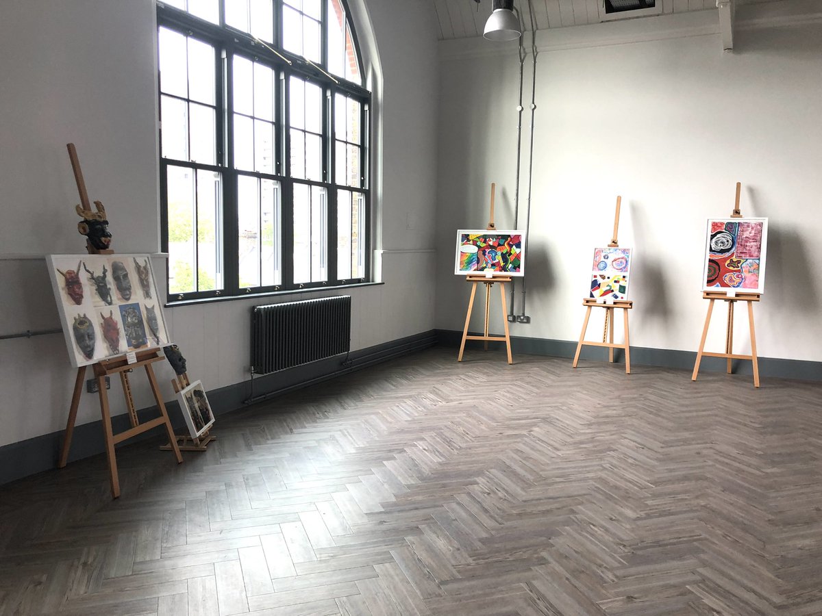 MaidaValeArt's tweet photo. #MaidaValeSchool #MaidaValeArt #MaidaValeFacilities A small exhibition of #Art produced by year 7-10 pupils in the dance studio.  #ModrocMasks #AbstractPaintings #Polyprints #GridPortraits. MVS is a creative school with fantastic facilities and opportunities. https://t.co/WxAXU52H0m