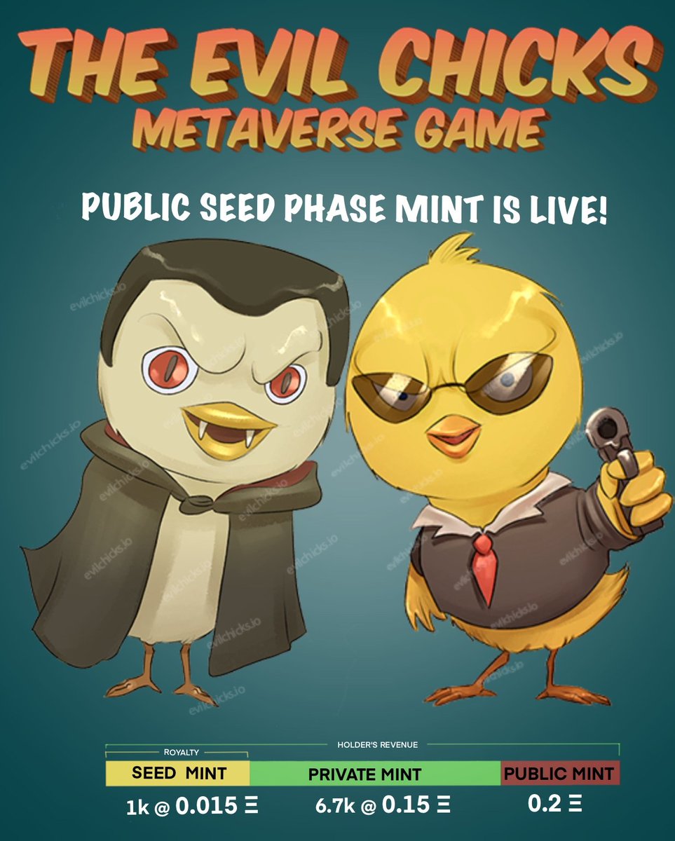 Only 1000 NFTs and 100 Royalty Rewardee spots for grabs at 0.015 ETH.
Created by Fortune-100 Company's Engineers.
Mint only at evilchicks.io/#mint

#nft #nfts #nftcommunity #nftart #nftdrop #nftcollector #cryptocurrency #publicmint #nftcollectors #bayc #cryptocurrency