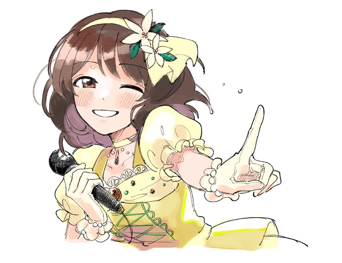 1girl microphone one eye closed solo gloves holding microphone yellow dress  illustration images