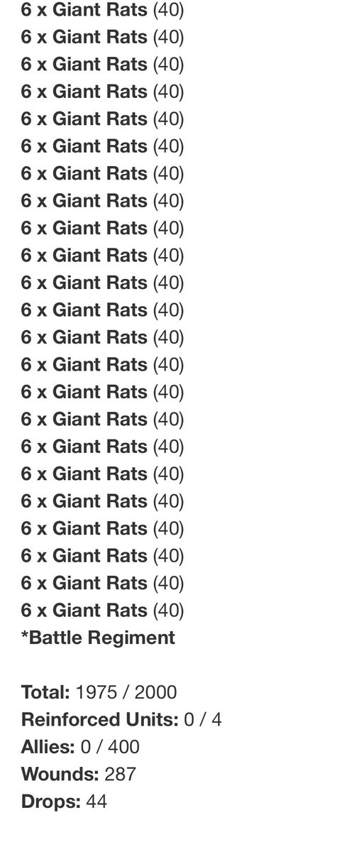 AosSweden's tweet photo. This was one of the list that we wanted to take to @AosWorlds this year. Battle Regiment to bring down the drops to 44. Sad that GW ran out of Giant rats after our 46th order.. https://t.co/S4POOGJXS2