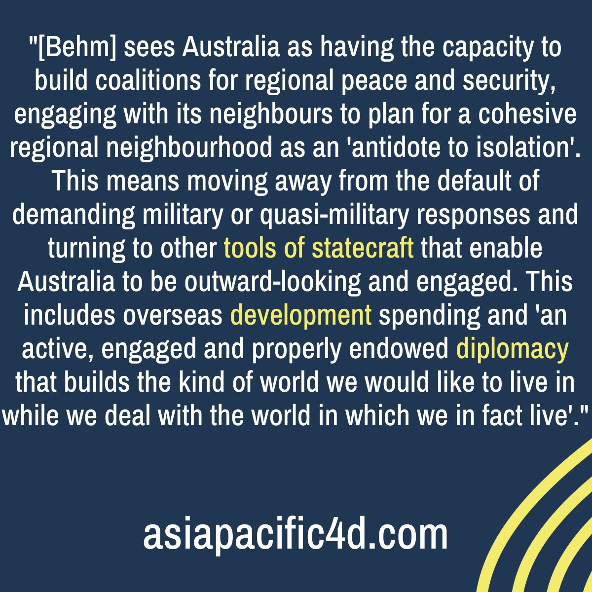 #AP4D Program Lead <a href="/MConleytyler/">Melissa Conley Tyler</a> reviews Allan Behm's (@Mirandaprorsus) latest book, 'No Enemies No Friends: Restoring Australia's Global Relevance', for <a href="/AIIANational/">Australian Institute of International Affairs</a> Australian Outlook.

Read the review at internationalaffairs.org.au/australianoutl….