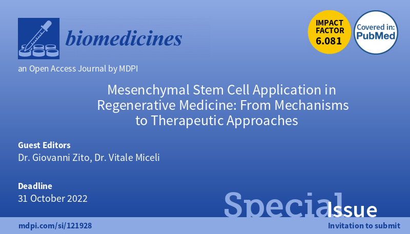 ZouArya's tweet photo. Special Issue "#Mesenchymal Stem Cell Application in Regenerative Medicine: From Mechanisms to Therapeutic Approaches" edited by Dr. Zito and Dr. Miceli is now open for submission. The deadline is 31 October 2022. #MSC #Regenerative https://t.co/cVxscFKLo5
@Biomed_MDPI https://t.co/LvjJsLGnJp