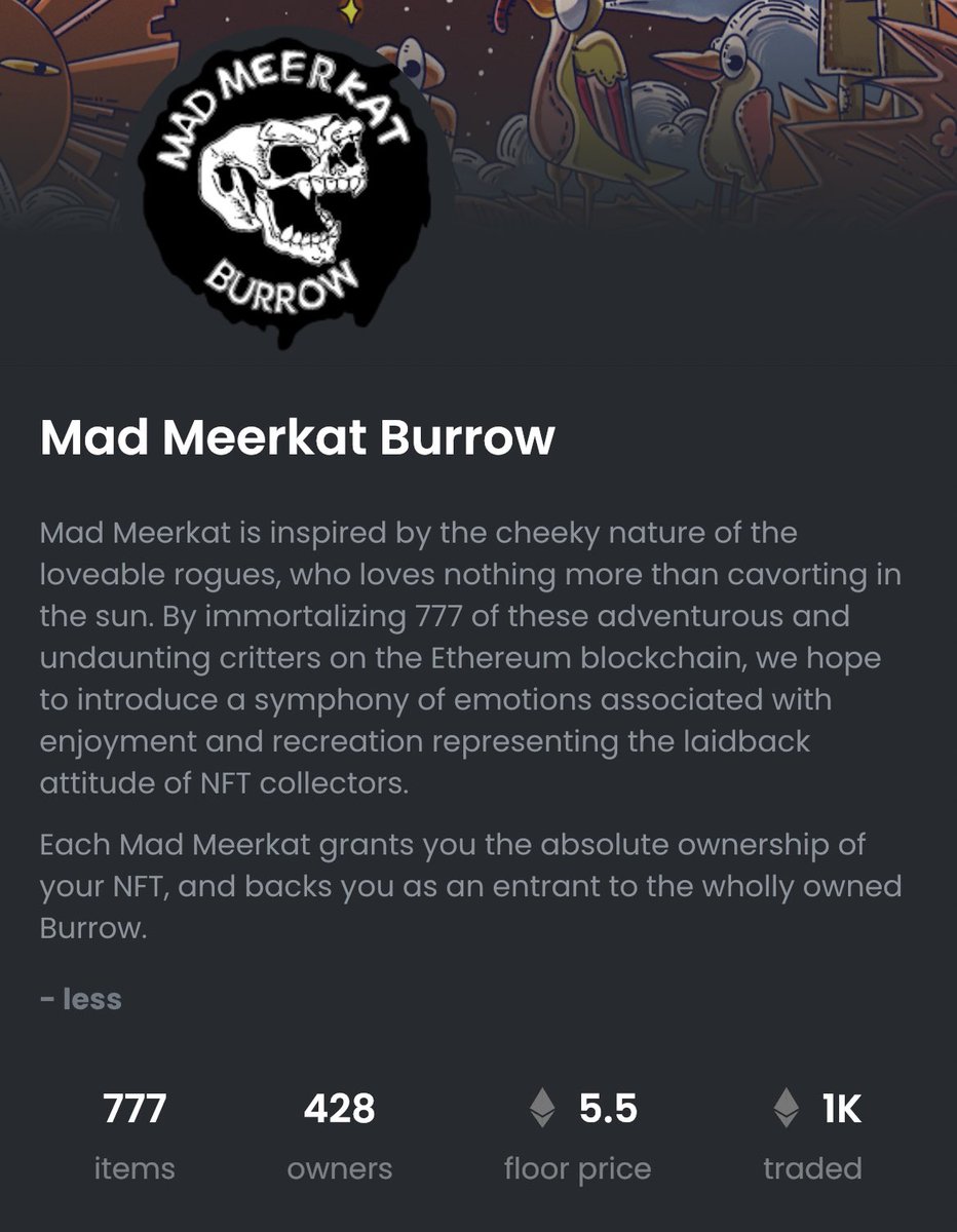 MadMeerkatNFT's tweet image. It’s official - 1,000 ETH on Secondary Trading Volume for the #ETH @MadMeerkatNFT .

We’re beyond grateful for this support, and without sounding like a broken recorder, we’re still just getting started.

RT and let everyone know. One lucky degen… might just win some madness.