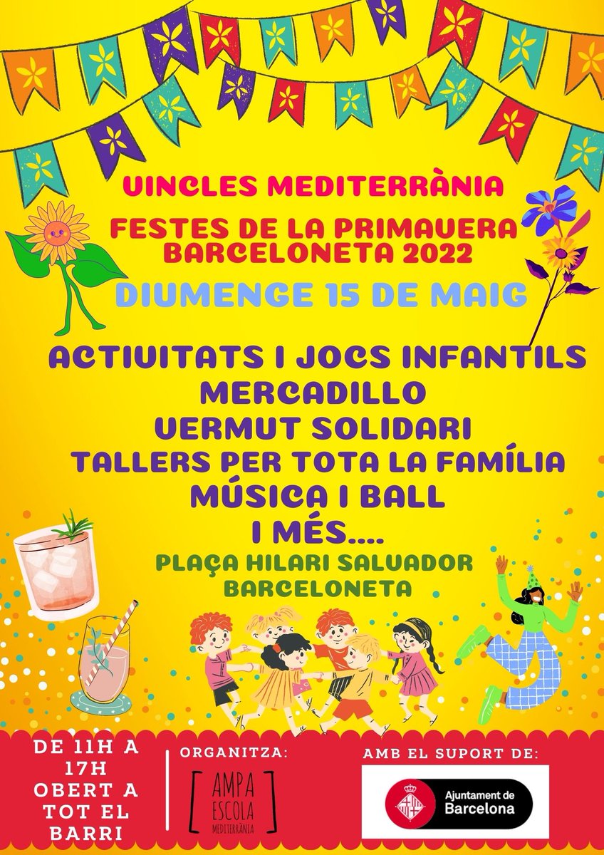 Us convidem a participar a la festa que organitzem dins de les Festes de la Primavera de la Barceloneta. Serà una jornada lúdica i familiar oberta a tot el barri! <a href="/Afagali5/">Afagali</a> <a href="/Bcn_CiutatVella/">Districte de Ciutat Vella</a> <a href="/MediterrniaAmpa/">AFA Mediterrània</a> #institutpapasseit #infancia #activitatsenfamilia #barceloneta #Primavera