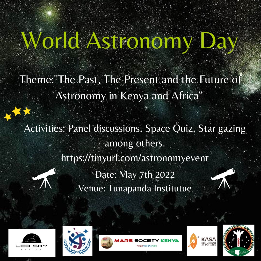 marssocietyke's tweet photo. This year's World Astronomy Day will be held on 7th May and @LeoSkyAfrica, @marssocietyke, @AmateurKenya, @KiberaSpace and @SGAC
 will host an event in Kibera @TunapandaOrg  to celebrate the #WorldAstronomyDay. 

Sign up to attend the event. https://t.co/wx54IovI66 https://t.co/GQSe8vXFRd