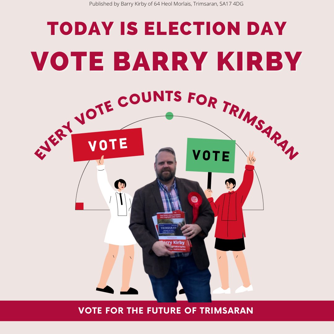 Baz_k's tweet photo. It’s finally here, it’s ELECTION DAY!
Polls are open 7am until 10pm today 🗳️
Your vote for Barry Kirby in #Trimsaran will deliver significant change in our community and in #Carmarthenshire!
Your Vote can make all the difference so please do use it! https://t.co/b20mhFYrzO