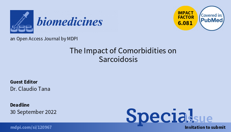 jemma_ai's tweet photo. We are pleased to announce a Special Issue entitled “The Impact of #Comorbidities on #Sarcoidosis” to collect submissions of original research articles or review articles describing the current state of the art of the field. See https://t.co/6lz6GaVMF7… @Biomed_MDPI https://t.co/N56b33LoB0