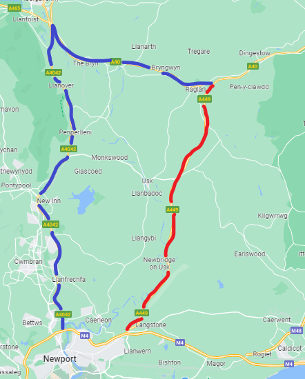 #A449 Closure Update 07:55 📣

The closure has now been extended to Raglan with traffic diverted via the A40, we are expecting the closure to be in force for the majority of the day.

Please see below for closure in RED and diversion in BLUE.

#TrafficWalesAlert
