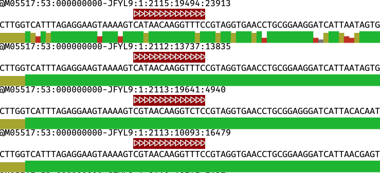 SeqFu2's tweet photo. #SeqFu view to peek into FASTQ files, highlighting adapters in both strands, and allowing mismatches or partial matches! ����Pipe it to less:
seqfu view seq.fq | less -SR
📘Docs https://t.co/hb4KDj2I7t
#Bioinformatics #EasyTip #commandLine https://t.co/dXKAvOdbO3