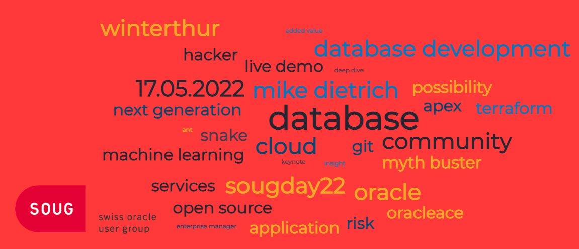 SwissOracleUserGroup (@soug_ch) on Twitter photo #SOUGDay22-Next Generation: New DB, old problems? <a href="/matheusdba/">Matheus Boesing</a> is an @oracleAce Director. Showing us out of experience which errors do raise often, which scripts are needed and what are best practices to get a nearly self-driving database is very helpful. bit.ly/3IQln0b #SOUGDay22-Next Generation: New DB, old problems? <a href="/matheusdba/">Matheus Boesing</a> is an @oracleAce Director. Showing us out of experience which errors do raise often, which scripts are needed and what are best practices to get a nearly self-driving database is very helpful. bit.ly/3IQln0b