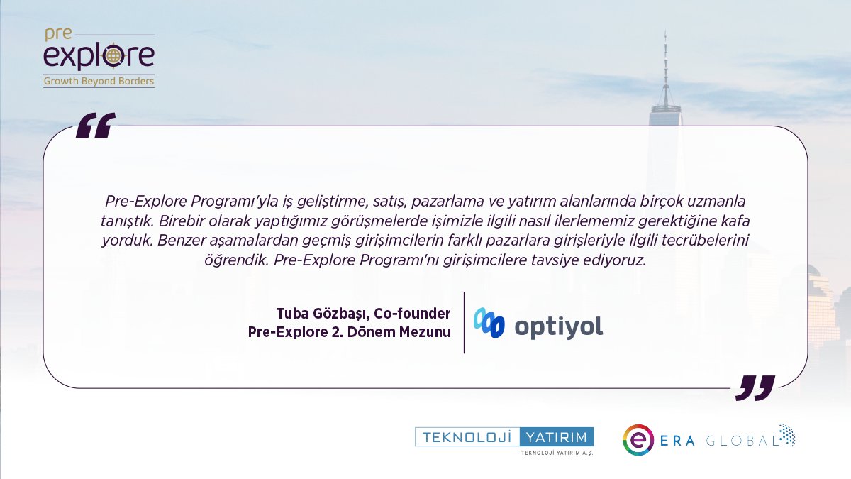 Pre-Explore programı 2.dönem mezunlarımızdan <a href="/Optiyol/">Optiyol</a> Kurucu Ortağı Tuba Gözbaşı programa dair yorumlarını paylaştı.🎯
Siz de ABD’de potansiyel müşteriler, uzmanlar ve potansiyel yatırımcılar ile tanışma fırsatı bulmak için başvurabilirsiniz: bit.ly/3KiT1fS