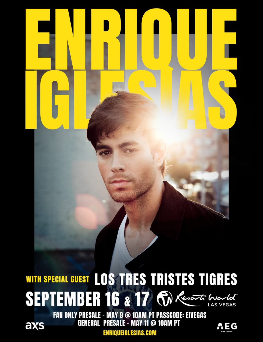 Vegas!!! Nos vemos en septiembre!!!! Don't miss the only shows in the US in 2022. Fan only presale starts Monday at 10AM PT Passcode: EIVEGAS - General presale is May 11 at 10AM PT With special guest @los3tt!!!