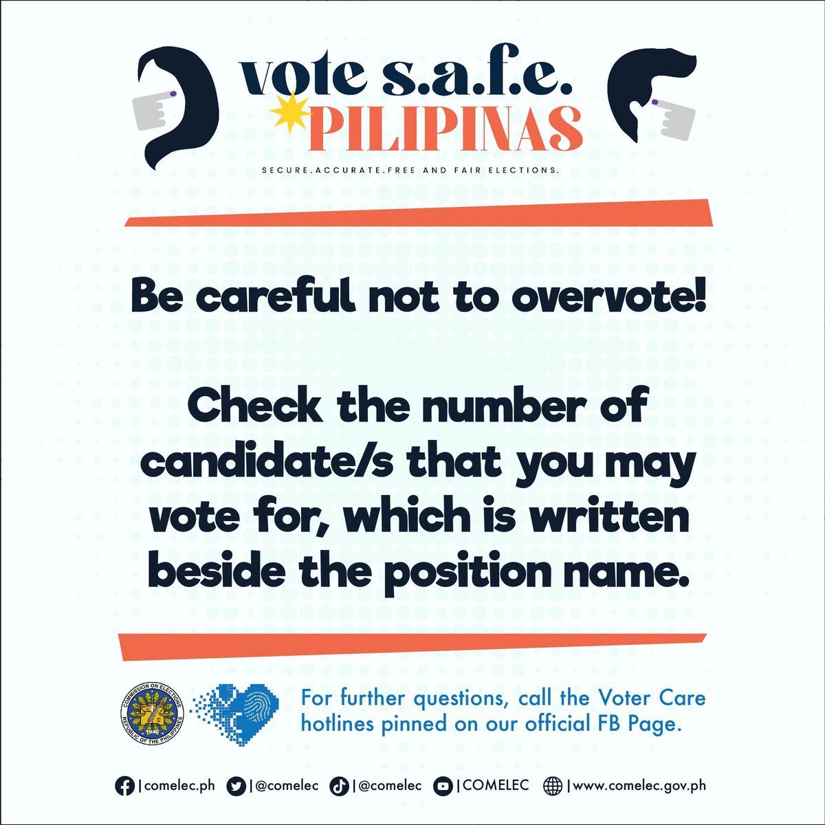 COMELEC's tweet photo. Be careful not to overvote!

Check the number of candidate/s that you may vote for, which is written beside the position name.

For further questions, call the Voter Care hotlines pinned on our official Twitter account.

#VoteSAFEPilipinas #BumotoKa #NLE2022 https://t.co/Hu1k2IGThc