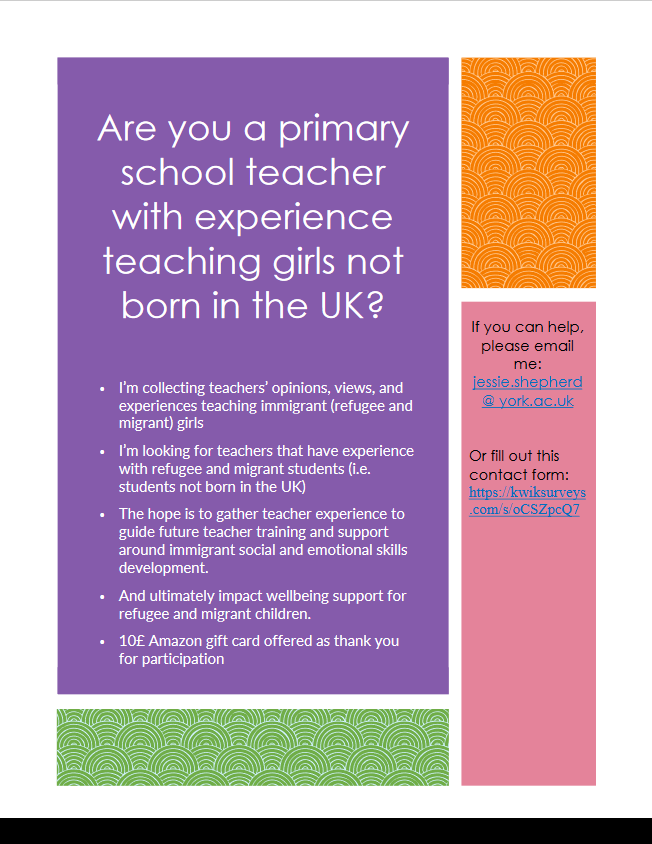 JriShepherd's tweet photo. Please help me! I'm researching the social and emotional needs of girls not born in the UK. If you are a teacher in a UK primary school please consider completing my interest form: https://t.co/ciIDsuTdLS and take part in my interviews. https://t.co/tbIQ1FnwFZ