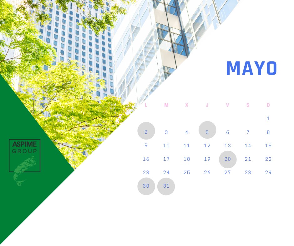Desde Aspime S.L.. os recordamos estas fechas importantes a tener en cuenta dentro del calendario del contribuyente del mes de mayo:

✅  Puedes ampliar toda la información y conocer todos los detalles en la web oficial de la Agencia Tributaria:
bit.ly/3vYu0kI
.
.