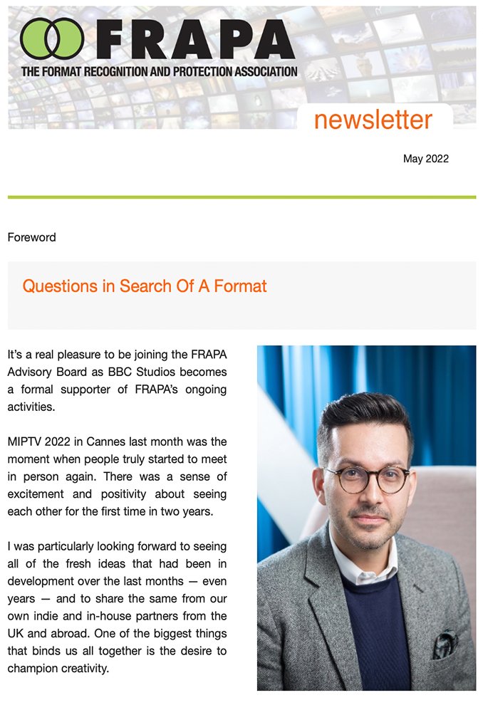 FRAPA May Newsletter is out now! Read it here: bit.ly/3LOJGOe
#FRAPA #Formats #ipprotection