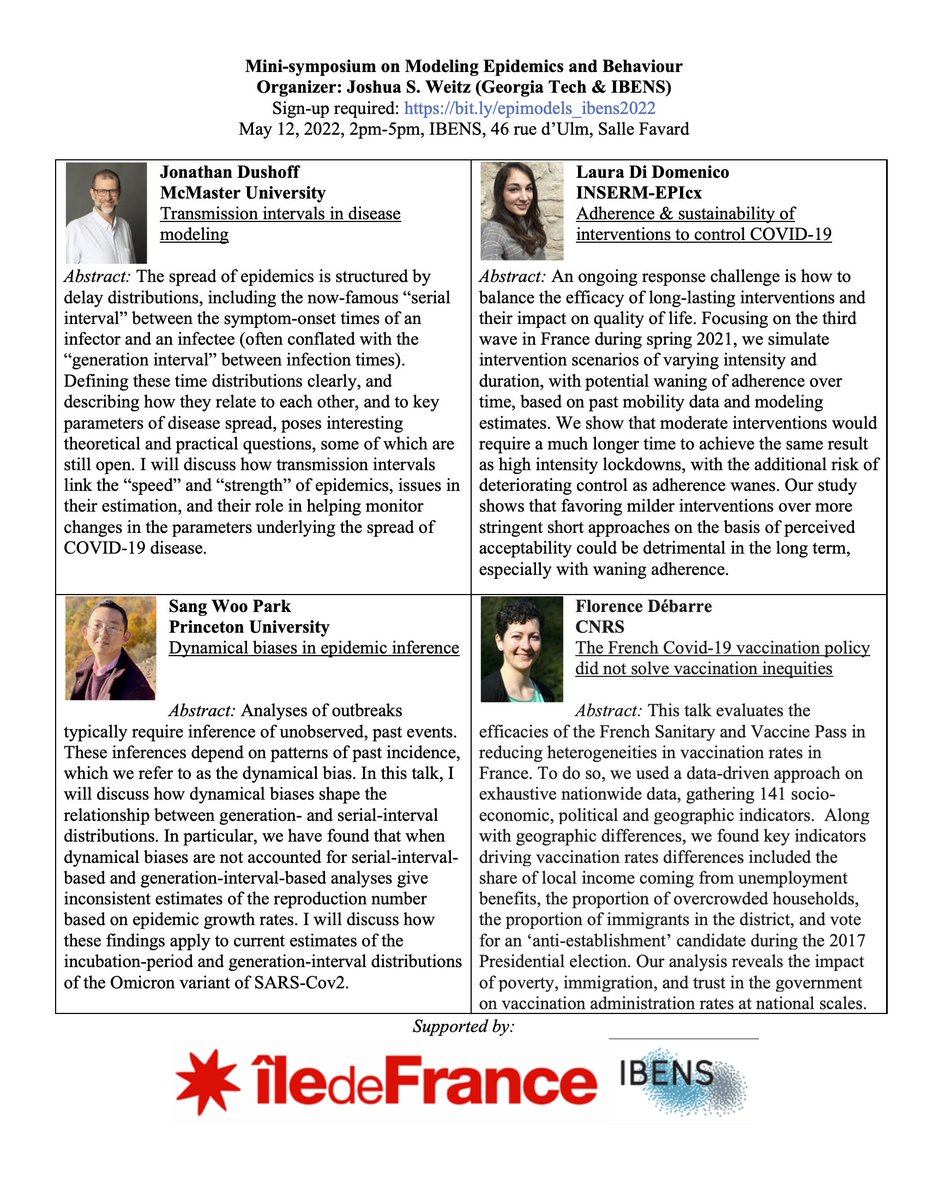 Joshua Weitz (@joshuasweitz) on Twitter photo Based in Paris & interested in modeling epidemics and behaviour... please join us next week:
Minisymposium on Modeling Epidemics and Behaviour, w/<a href="/jd_mathbio/">@jdushoff.bsky.social @jd_mathbio@mstdn.science</a>, @sang_woo_park, <a href="/laura_didom/">Laura Di Domenico</a> & <a href="/flodebarre/">*</a>.
May 12, 2pm-5pm, <a href="/IBENS_ENS/">IBENS</a> Salle Favard
Sign-up: bit.ly/epimodels_iben… Based in Paris & interested in modeling epidemics and behaviour... please join us next week:
Minisymposium on Modeling Epidemics and Behaviour, w/<a href="/jd_mathbio/">@jdushoff.bsky.social @jd_mathbio@mstdn.science</a>, @sang_woo_park, <a href="/laura_didom/">Laura Di Domenico</a> & <a href="/flodebarre/">*</a>.
May 12, 2pm-5pm, <a href="/IBENS_ENS/">IBENS</a> Salle Favard
Sign-up: bit.ly/epimodels_iben…