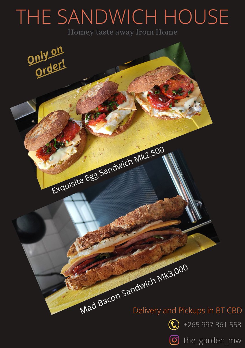 GardenMw's tweet photo. Our new sandwiches on the Menu😍🔥

Exquisite Egg Sandwich (MK2 500) &amp; Mad Bacon Sandwich (MK3 000) orders are open for Friday deliveries in Blantyre CBD, Poly, COM, Limbe &amp; along the highway

Contact us to reserve your orders 0997361553 https://t.co/bI5mygLDdA